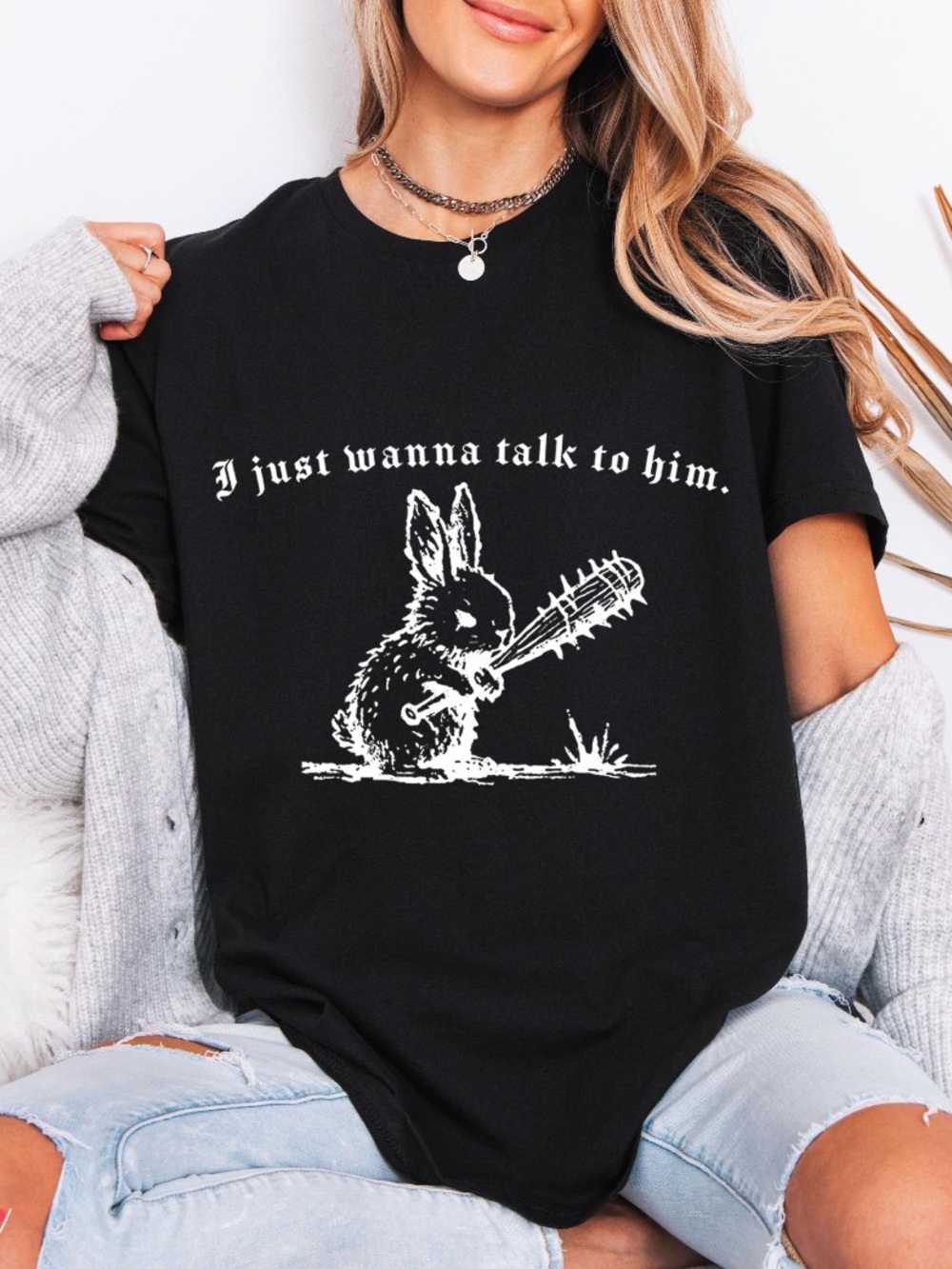Black Graphic Short-Sleeve Tee with Rabbit Illustration